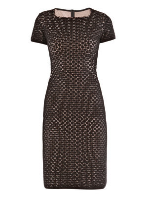 Edelweiss Dress - style: shift; neckline: high square neck; fit: tailored/fitted; predominant colour: black; occasions: evening; length: just above the knee; fibres: wool - mix; material texture: lace; sleeve length: short sleeve; sleeve style: standard; texture group: lace