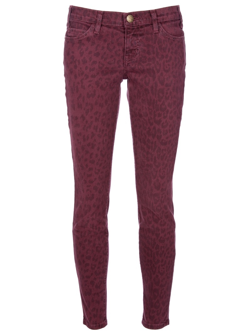 'The Ankle Skinny' Jean - style: skinny leg; pattern: big animal print, small animal print, animal print; pocket detail: traditional 5 pocket; waist: mid/regular rise; predominant colour: burgundy; occasions: casual, evening; length: ankle length; trends: trousers, prints; fibres: cotton - stretch; material texture: denim; texture group: denim; pattern type: fabric; pattern size: small & busy