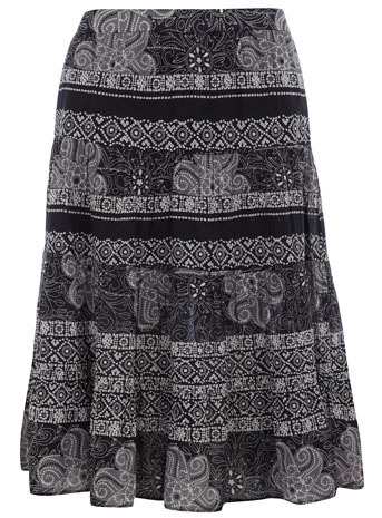 Tile Print Midi Skirt - pattern: heavily patterned, patterned/print; fit: body skimming; waist: mid/regular rise; predominant colour: charcoal; occasions: casual; length: on the knee; style: a-line; fibres: cotton - 100%; pattern type: fabric; pattern size: big & busy