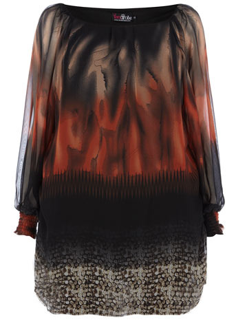 Lovedrobe Black Tie Dye Print Dress - style: tunic; length: mini; neckline: slash/boat neckline; pattern: heavily patterned, print, tie dye, abstract, patterned/print; predominant colour: black; occasions: casual, evening, work; fit: straight cut; trends: tunics and trousers, prints; fibres: polyester/polyamide - 100%; material texture: chiffon; sleeve length: long sleeve; sleeve style: standard; texture group: sheer fabrics/chiffon/organza etc.; pattern type: fabric; pattern size: big & busy