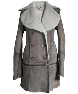 Cressida Sheepskin In Clay - sleeve: long sleeve; pattern: plain, two-tone; hip detail: side pockets at hip; collar: wide lapels; style: aviator; bust detail: buttons at bust (in middle at breastbone)/zip detail at bust, double breasted; predominant colour: mid grey; occasions: casual wear; length: standard; fit: tailored/fitted; trends: heritage, colour blocking; material: shearling; waist detail: fitted waist