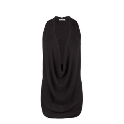 Black Drape Front Tank - neckline: cowl/draped neck; pattern: plain; sleeve style: sleeveless; length: below the bottom; bust detail: ruching/gathering/draping/layers/pintuck pleats at bust; predominant colour: black; occasions: casual, evening; style: top; fibres: polyester/polyamide - stretch; fit: tailored/fitted; sleeve length: sleeveless; pattern type: fabric; pattern size: standard
