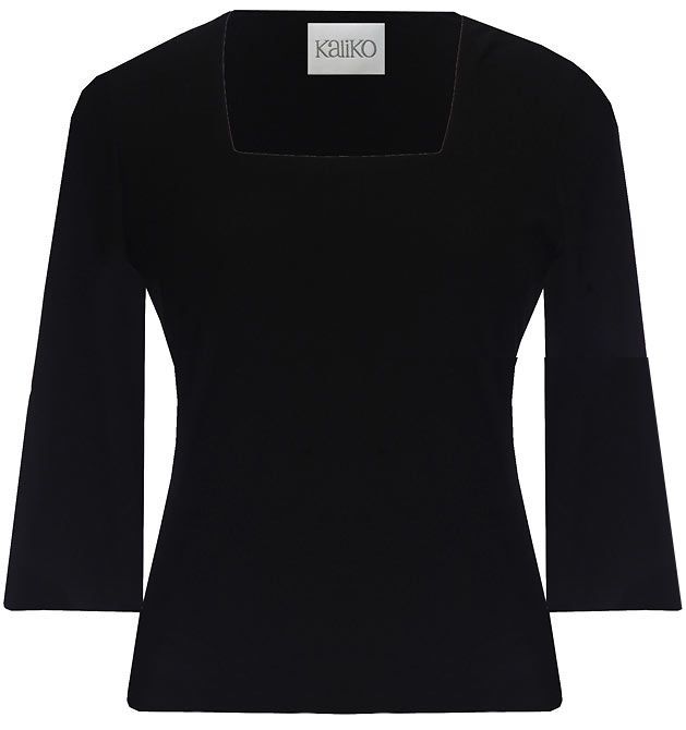 Women's Black 3/4 Sleeve Square Neck Top, Black - neckline: high square neck; pattern: plain; waist detail: fitted waist; predominant colour: black; occasions: casual, work; length: standard; style: top; fibres: polyester/polyamide - stretch; material texture: jersey; fit: tailored/fitted; sleeve length: 3/4 length; sleeve style: standard; pattern type: fabric; pattern size: standard; texture group: jersey - stretchy/drapey