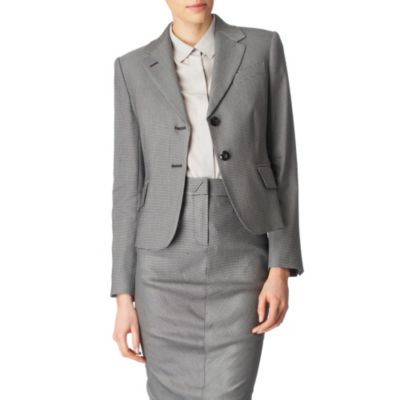 Mosella Jacket - pattern: plain, heavily patterned, small scaled pattern, patterned/print; shoulder detail: shoulder pads; hip detail: front pockets at hip; bust detail: pocket detail at bust; style: tailored/fitted; collar: standard lapel/rever collar; predominant colour: mid grey; occasions: evening, work; length: standard; fit: tailored/fitted; trends: forties; fibres: linen - mix; sleeve length: long sleeve; sleeve style: standard; pattern type: fabric; pattern size: small & busy